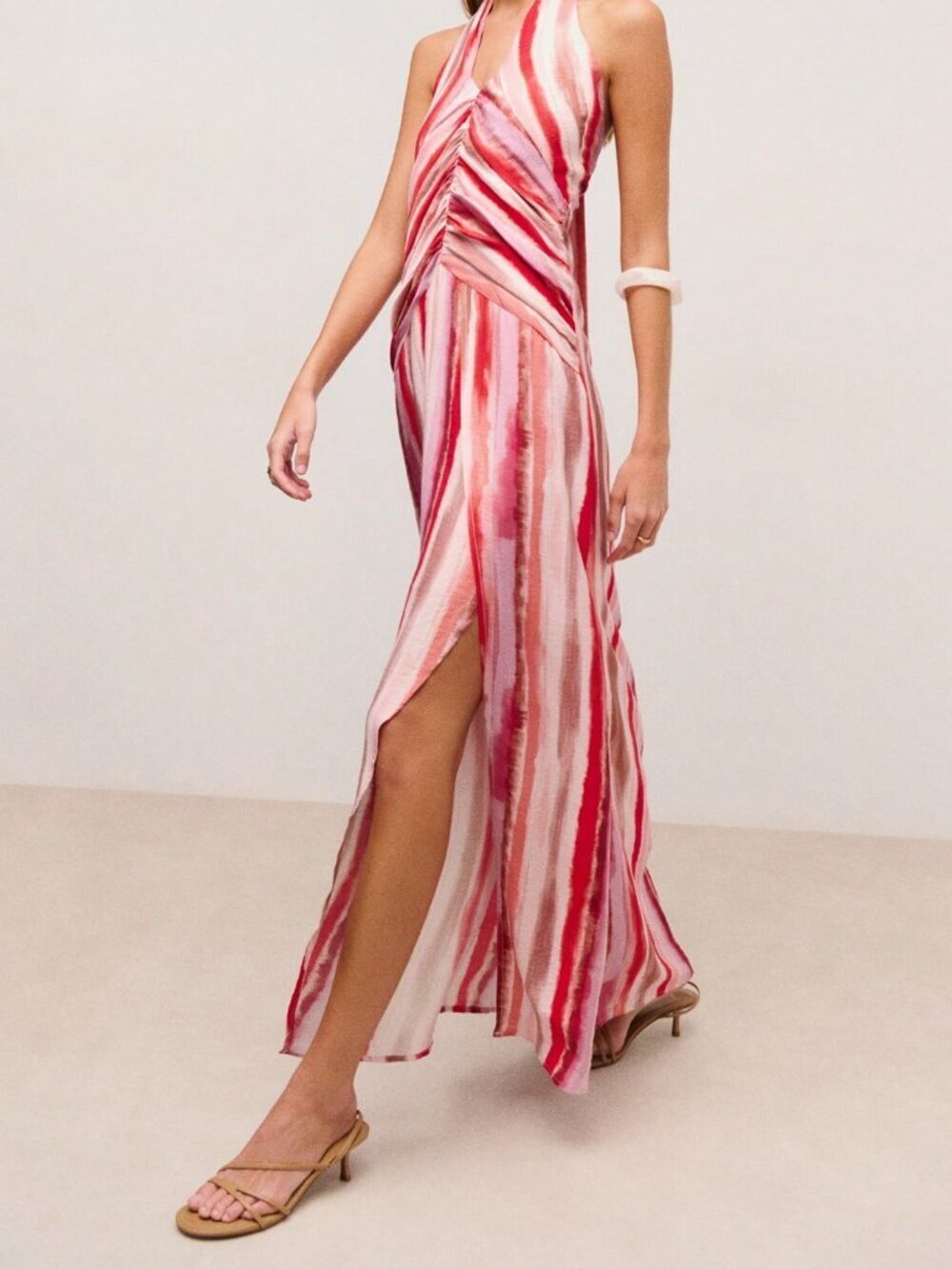 Hot Pink Long Casual Women's Vertical Stripe Dress with Ruched Waist
